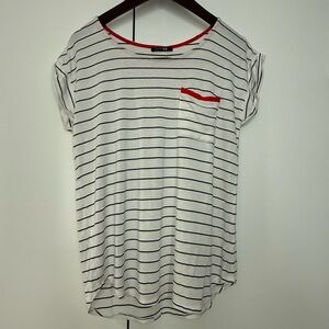 Papermoon Anica One Pocket Striped White and Black Top with Red Accents S